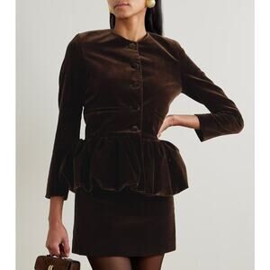 NWT Liberowe Dark Brown Velvet Button Up Peplum Jacket Womens Small